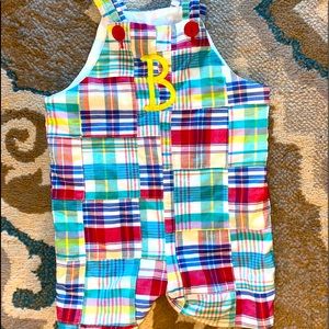 Monogrammed “B” plaid romper